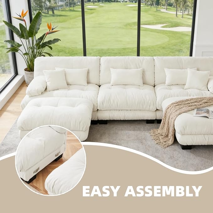 133.8" U-Shaped Cloud Couch, Oversized Modular Sectional Sofa, Deep Seat Cloud Boneless Couch, 3-Seat Modular Sectional Sofa with 2 Ottoman or Living Room,Bedroom and Apartment, White