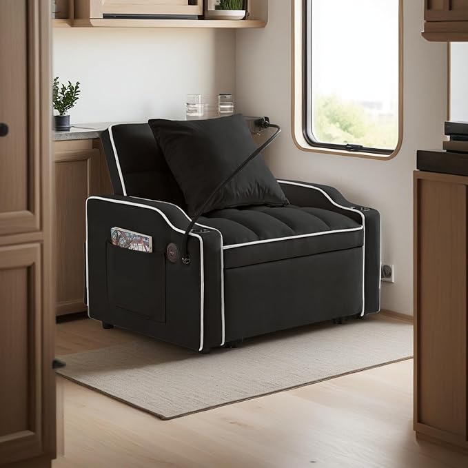 3 in 1 Convertible Sleeper Sofa Bed with Phone Holder, 35'' Pull Out Sofa Bed Recliner with Adjustable Backrest, Velvet Fabric Sleeper Couch Single Modern Chair for Small Space & RV, Black