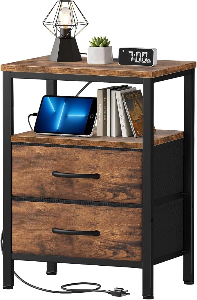 Nightstand Set of 2 with Charging Station, Bedside Table with USB Ports & Outlets, Small Dresser End Table with 2 Fabric Drawer and Open Storage Shelf, Wooden Top for Bedroom, Brown by SageNest
