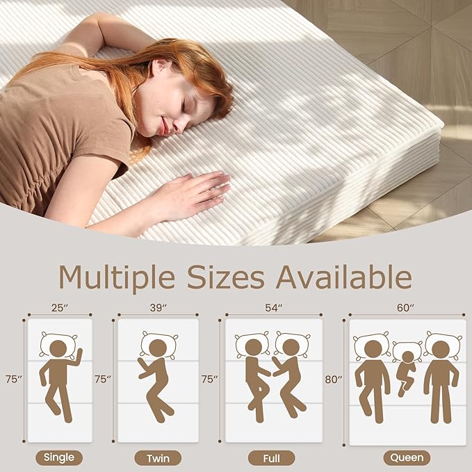 6-Inch Tri-Folding Mattress Queen Size - Foldable Futon Sofa Bed with Removable Washable Cover, Folding Futon Mattress | Non-Slip Bottom & Carry Handles for Guest, Camping, Dorm