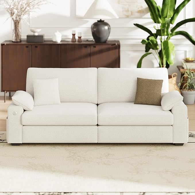 89" Loveseat Sofa, Cloud Foam Couch, 3 Seater Upholstered Midcentury Mondern Love Seat with USB Type C Ports, 4 Pillows and Storage Armrest for Living Room/Small Spaces, Beige | Breathable material