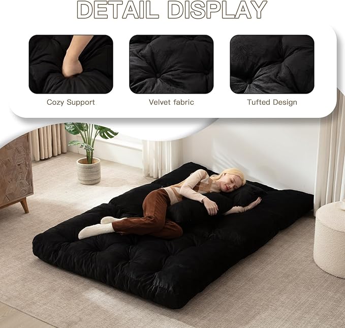 Folding Sofa Bed, Convertible Sleeper Chair with Pillow Foldable Mattress with Back Support, Portable Fold Out Chair Bed Comfy Floor Sofa Lounge for Living Room Bedroom, Black Full 80x54 Inch