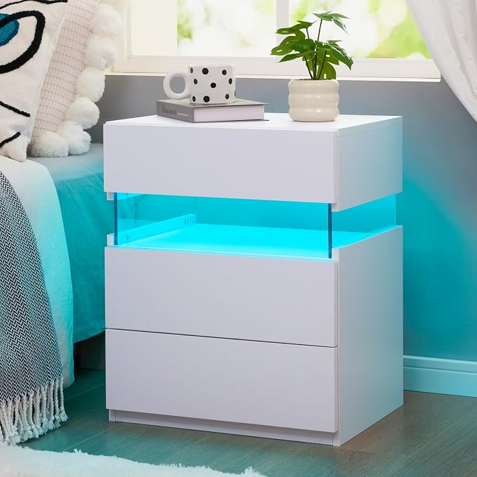 Bingoday LED Nightstands 3 Drawer Nightstand for Bedroom Bedside Tables with Acrylic Board LED End Table for Bedroom Living Room Bedside Furniture (White) by Bingoday