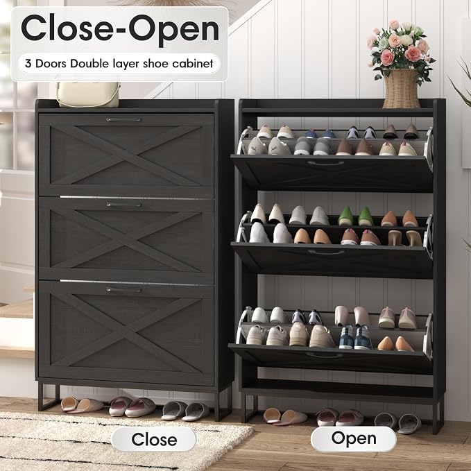 Maupvit Shoe Storage Cabinet with 3 Flip Drawers, Freestanding Organizer with Metal Legs for Entryway, Narrow Shoe Rack Cabinet, Black - Image 5