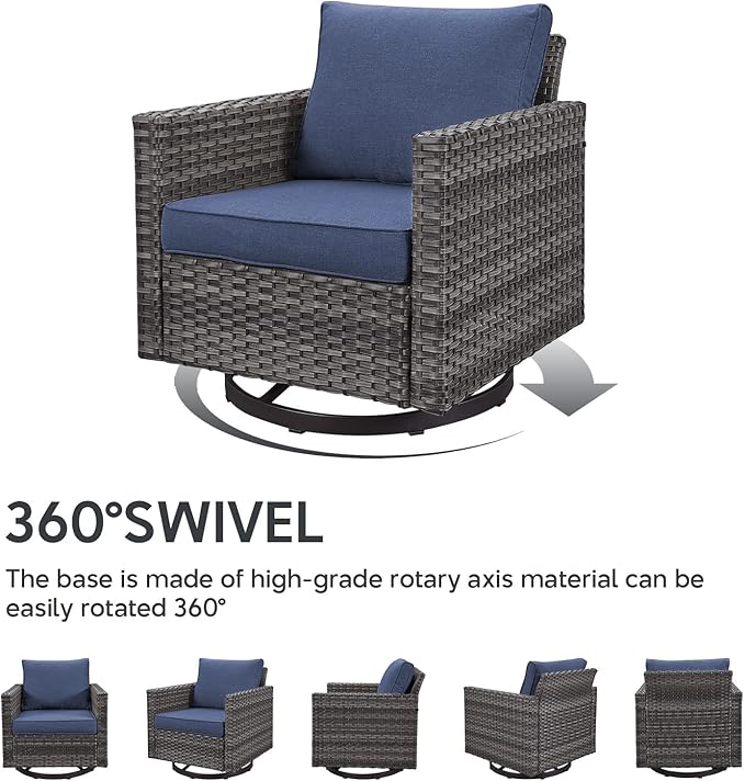 7 Piece Wicker Patio Furniture Set - Outdoor Swivel Rocker Chairs Set with Coffee Table, Side Table, 3 Seat Sofa & Ottomans, Small Patio Conversation Sets for Balcony Deck - Grey/Blue