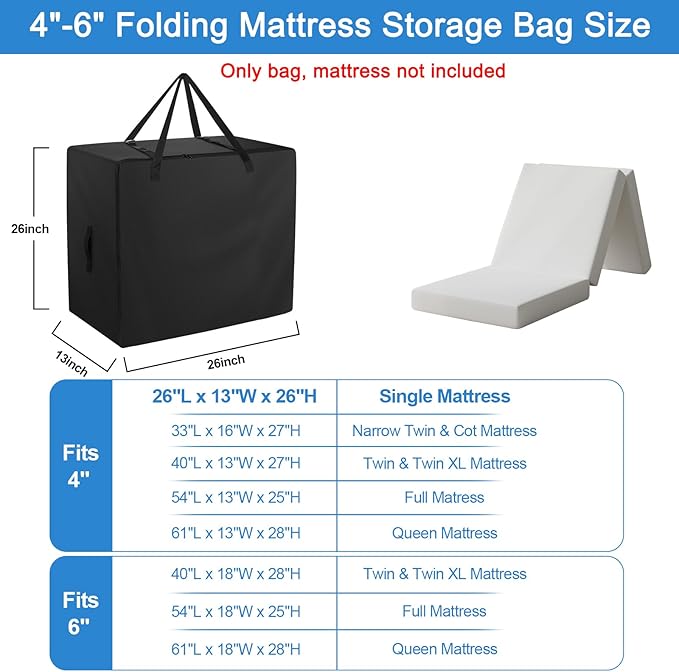 Folding Mattress Bag - 600D Oxford Cloth Heavy Duty Carry Case for Tri-Fold Guest Bed Mattress (Fits 4" Single Mattress with Folding Dimensions of 25" x 25" x 12")