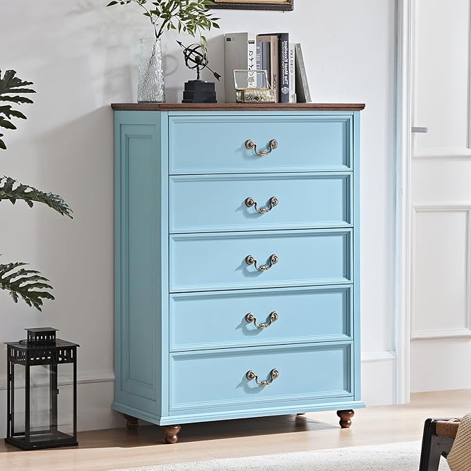 Joaxswe 24" Wide Farmhouse Nightstand Set of 2, 45" Tall Rustic Chests of 5 Drawers w/ 4 Solid Wood Feet, Farmhouse Furniture Series for Living Room,Bedroom,LightBlue