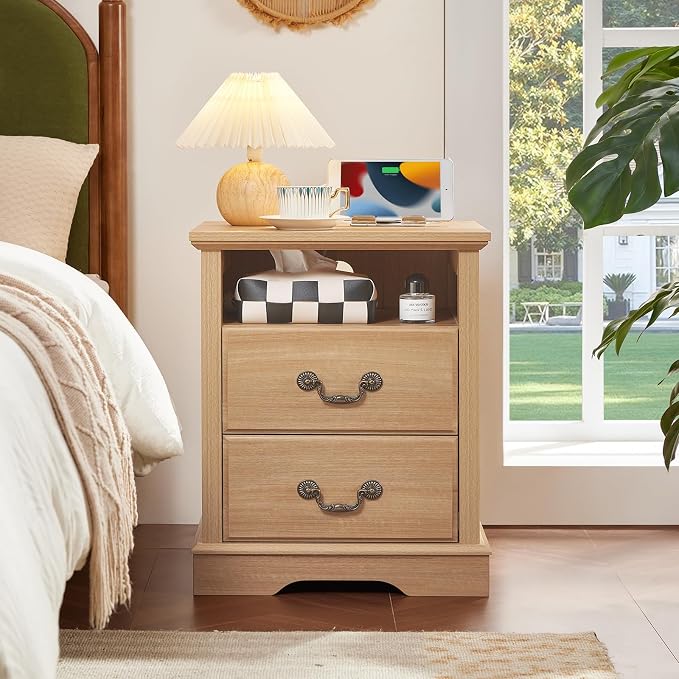 Farmhouse Nightstands Set of 2 with Charger Station, 2 Drawers Night Stand with Storage Shelf, Natural Wood 18" Wide Bedside Table, Rustic Bed Side End Tables for Bedroom, Living Room - Image 5