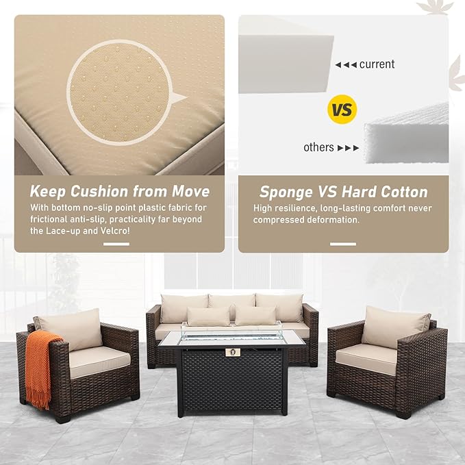 4 Pieces Outdoor Patio Furniture Set 43 in Outdoor Fire Pits Wicker Outdoor Furniture Chairs and Sofa 60000 BTU Outdoor Propane Fire Pit Table Non-Slip Cushions and Waterproof Covers, Khaki