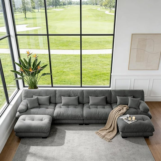 173.2" U-Shaped Cloud Couch, Oversized Modular Sectional Sofa, Deep Seat Cloud Boneless Couch, 4-Seat Modular Sectional Sofa with 2 Ottoman or Living Room,Bedroom and Apartment, Gray