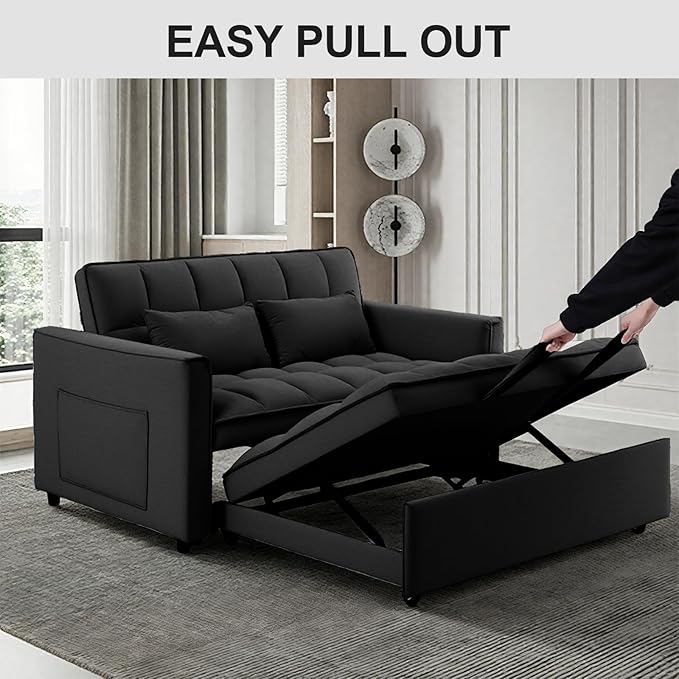 3 in 1 Pull Out Sofa Bed, 54" Sleeper Sofa Bed with 3-Level Adjustable Backrest, Velvet Fabric Loveseat Sleeper Couch for Living Room & Bedroom & Apartment & Dorm Furniture, Black