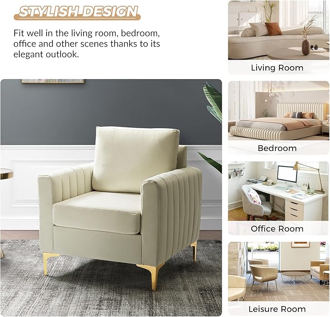 HULALA HOME Velvet Accent Club Chair, Modern Velvet Armchair Upholstered Accent Club Sofa Chair with Gold Metal Legs Mid-Century Barrel Leisure Comfy Reading Armchair, Ivory