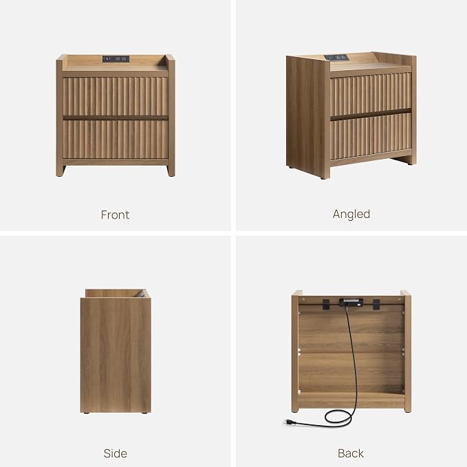 SICOTAS Night Stand Fluted Nightstands with Charging Station-Modern 2 Drawers Nightstand 25" Tall Bedside Table End Table, Large Night Stands for Bedroom, Sofa Side (Caramel Oak, 1 Piece) - Image 9