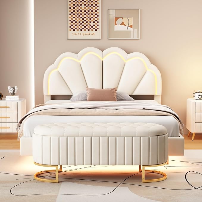 2-Pieces Bedroom Sets,Full Size Upholstered Led Platform Bed with Storage Ottoman,Easy to Assemble,No Box Spring Needed (Beige-4)