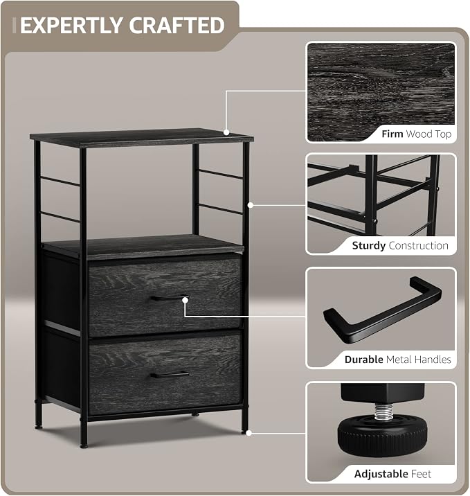Sorbus Nightstand Dresser with 2 Faux Wood Drawers - Bedside Table Chest with Storage - Bedroom, Living Room, Closet & Dorm Furniture-Lamp Stand - Steel Frame, Wood Top, Easy Pull Fabric Bins - Image 4