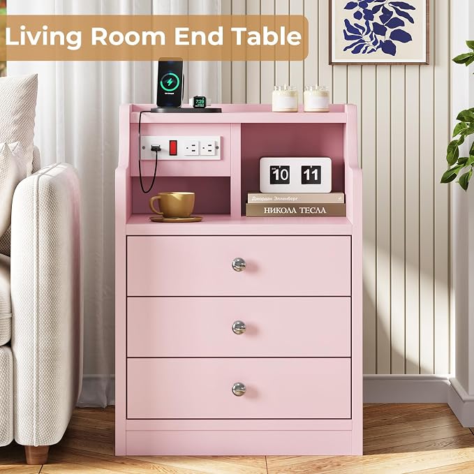 ADORNEVE Nightstand with Charging Station,Pink Night Stand with Hutch,Bedside Table with Drawers,Bed Side Table with Storage - Image 5