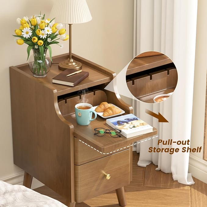 Narrow Nightstand, Solid Wood Night Stand with 2 Drawers, Walnut Mid Century Modern Nightstand, Small Beside Table with Open Storage Shelf for Bedroom (10 inch) - Image 4