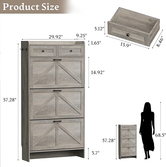 BORNOON Shoe Storage Cabinet for Entryway, Farmhouse Narrow Shoe Cabinet with 3 Flip Drawers & 2 Top Drawers, Adjustable Shelves & Hooks, Freestanding Hidden Rack Organizer for Hallway, Foyer - Image 2