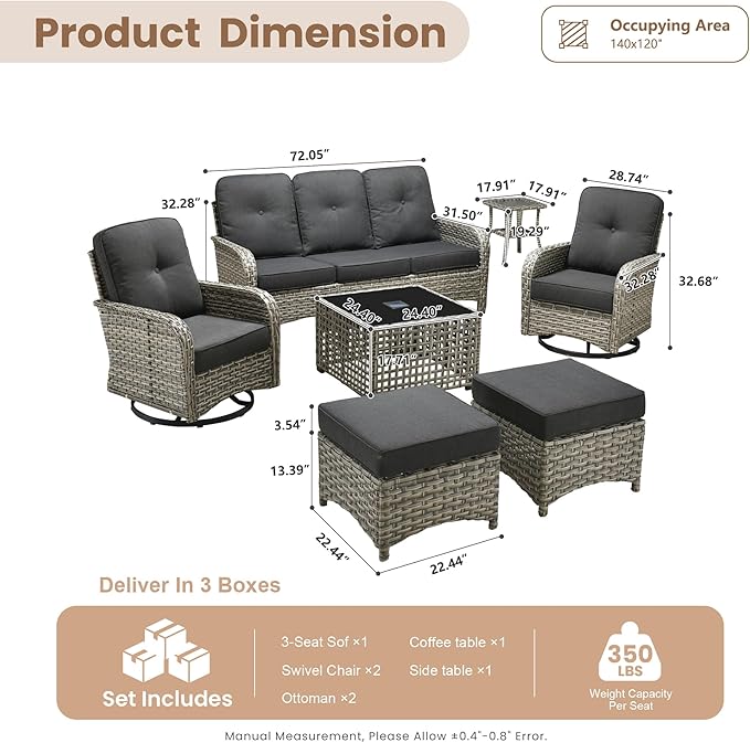 HOOOWOOO Outdoor Patio Furniture Set with Light Table,7 Pieces Wicker Conversation Set,All Weather High Back Couch Sofa Swivel Chairs Ottomans Set,Black