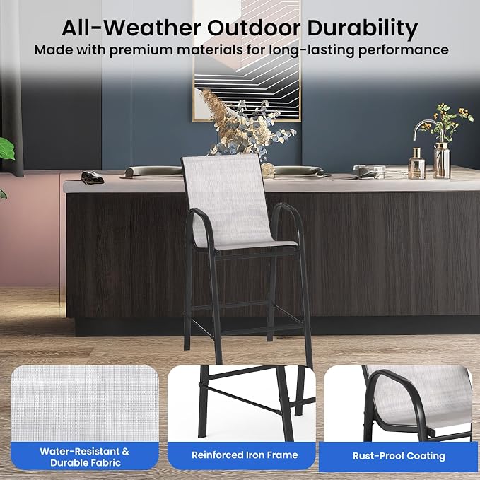 HOMREST Outdoor Bar Height Stools Set of 6,High Back Patio Chairs with Armrests,Textilene Chairs with Breathable Fabric & Metal Frame for All Weather,Light Grey - Image 5