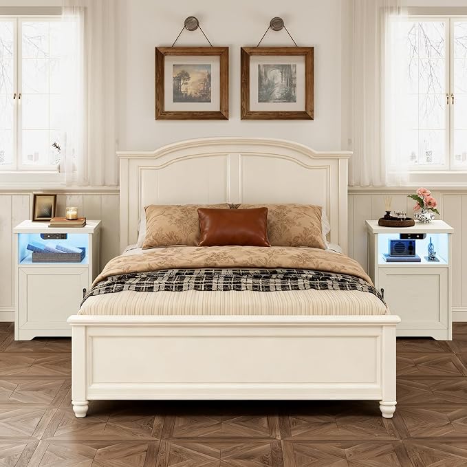 AODK Farmhouse Nightstand Set of 2, Side Table with Charging Station & LED Lights, End Tables with Storage and Open Shelf, Rustic Beside Tables for Bedroom, Rustic White - Image 9