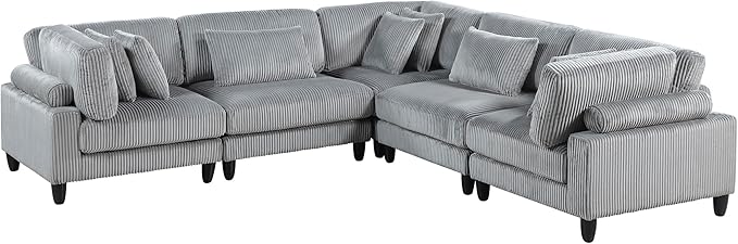 Lexicon 120 Inch Modular Sectional Sofa - Oversized 5 Seater Corduroy L Shaped Sectional Couch, 8 Accent Pillows, and Flexible Arrangement for Modern Living Rooms, Gray