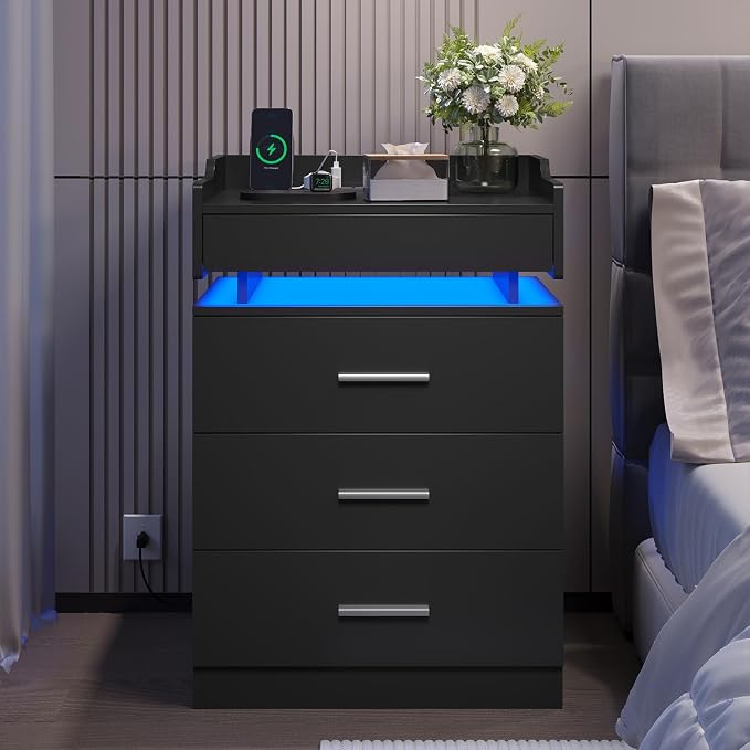 HAUOMS Black Nightstand Set of 2,LED Night Stand with Charging Station & Pull-Out Tray,Bedside Table with Drawers,Modern End Table Side Table Storage Cabniet - Image 7