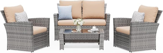 Amopatio 4 Piece Outdoor Wicker Patio Furniture Set, PE Rattan Sectional Sofa with Thick Cushions & Tempered Glass Table, Weather-Resistant Patio Conversation Sets for Balcony, Backyard, Beige