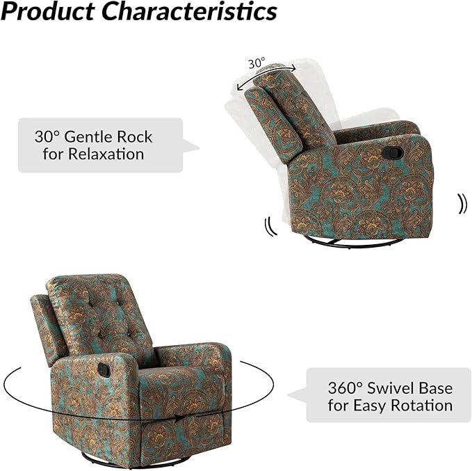 HULALA Home Recliner Chair Set of 2, Modern Printed Fabric for Living Room, Rocker Recliner Sofa Comfy Armchair 360 Degree Swivel, Nursery Rocking Chairs with Adjustable Backrest & Footrest/Teal