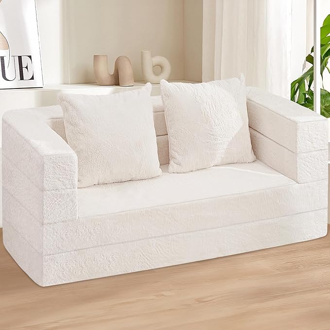 Futon Sofa Bed with Pillow, 3-in-1 Sleeper Sofa Bed with Removable Cover, Convertible Floor Sofa Bed, No Assembly Boneless Couch for Living Room, Bedroom
