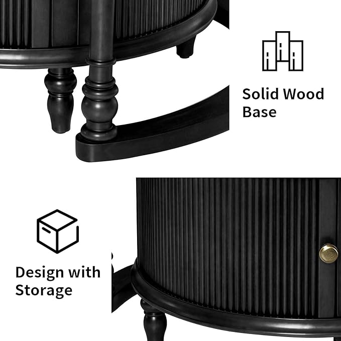 31.5'' Glass Top Round Coffee Table with Storage, Solid Wood and MDF Fluted Coffee Table Set of 2 for Living Room Office, Black