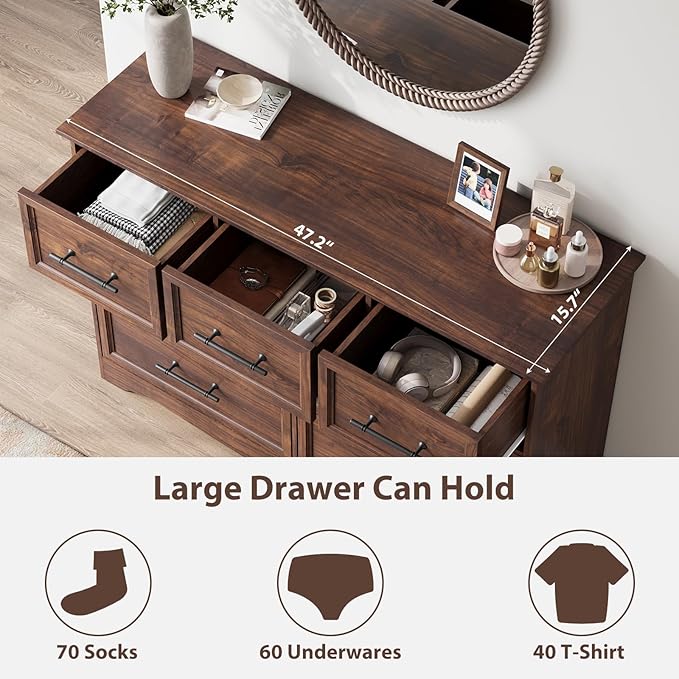 Bedroom Set, 3 Pieces Bedroom Furniture Set, Wood 7 Drawer Dresser and Nightstands with Charging Station, Farmhouse Storage Organizer Cabinet for Bedroom, Walnut