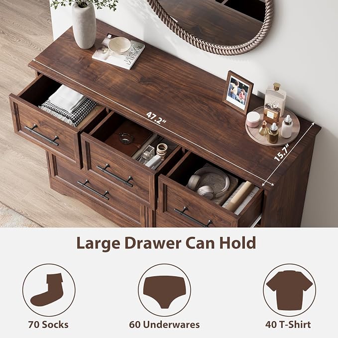 Walnut Dresser for Bedroom, Modern 7 Chest of Drawers, 47" Wide 7 Drawer Dresser with Brushed Metal Handle, Wood Closet Organizers and Storage Cabinet for Bedroom, Living Room, Hallway - Image 4