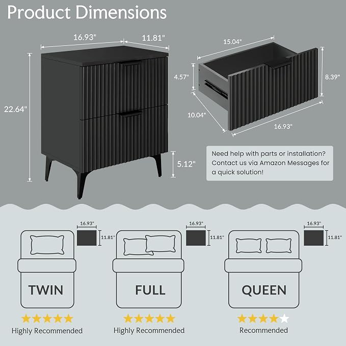 Wood Night Stand Set 2 Fluted Dresser for Bedroom 2 Drawers End Tables Nightstands Set of 2, Storage Modern Bedside Table Set of 2, Black Nightstand - Image 2
