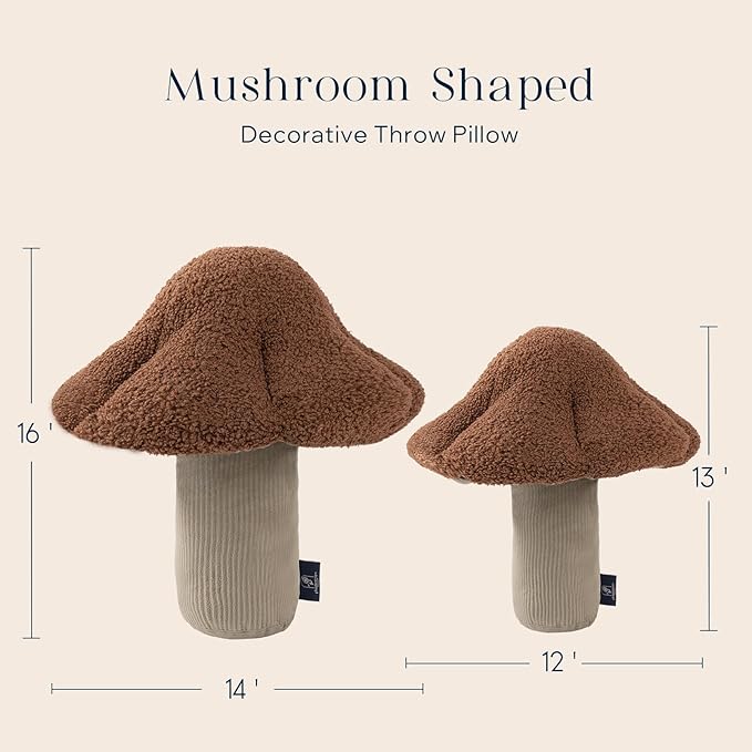 Phantoscope Mushroom Shaped Throw Pillow, Teddy Fleece Soft Mushroom Decorative Pillows Cute 3D Shaped Cushion for Couch Sofa Bed Chair, Dark Coffee,16 x 14 inches