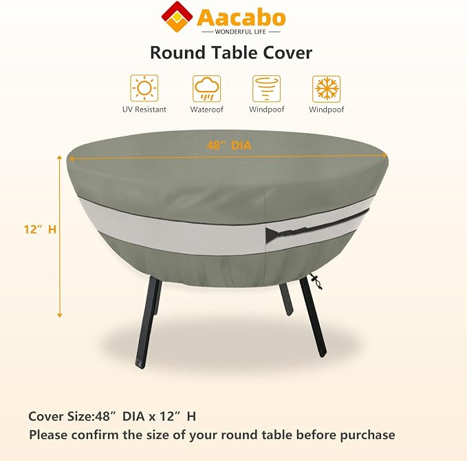 Round Patio Table Cover,Suitable for 48 Inch Diameter Patio Round Table,Waterproof Heavy Duty Round Outdoor Coffee Table Cover Grey Green - Image 2