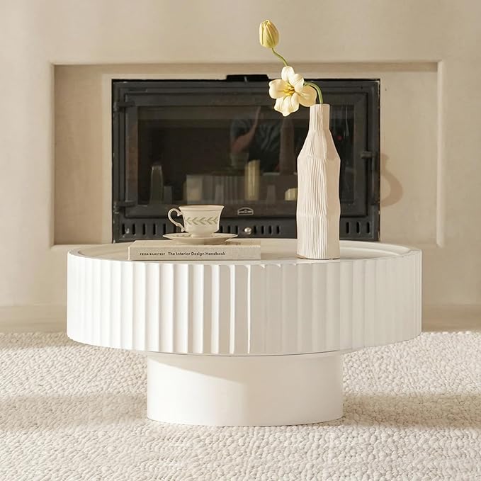 Round Coffee Table, 30.3in Modern Living Room Table, Fluted Drum Circle Tea Table with Storage, Accent Center Tables for Living Room, Apartment, Small Space(30.3''L×13.7''H) (White)