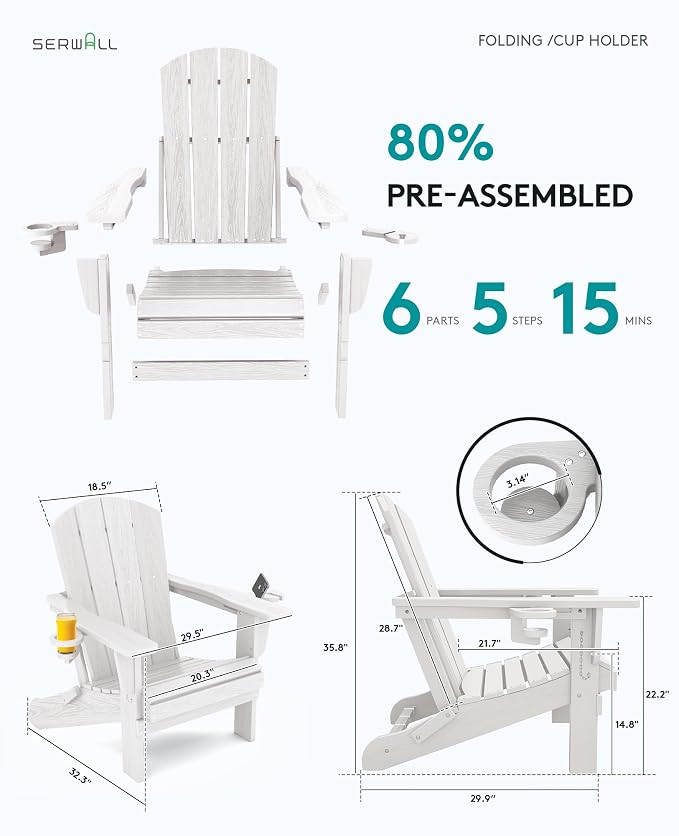 SERWALL Adirondack Chair with Cup Holders - Composite Adirondack Chairs Set of 4 HDPE Outdoor Chairs All Weather Use- White - Image 2