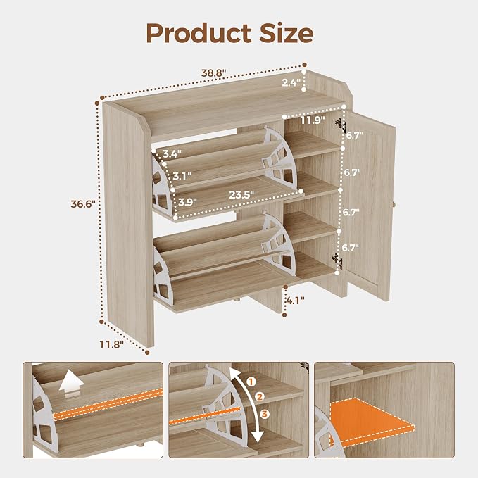 Mericonia Shoe Cabinet Storage for Entryway with 2 Flip Drawers(3-Tier), Rattan Freestanding with Door & 3 Adjustable Shelve,Hidden Shoe Rack Organizer for Hallway, Foyer - Image 2