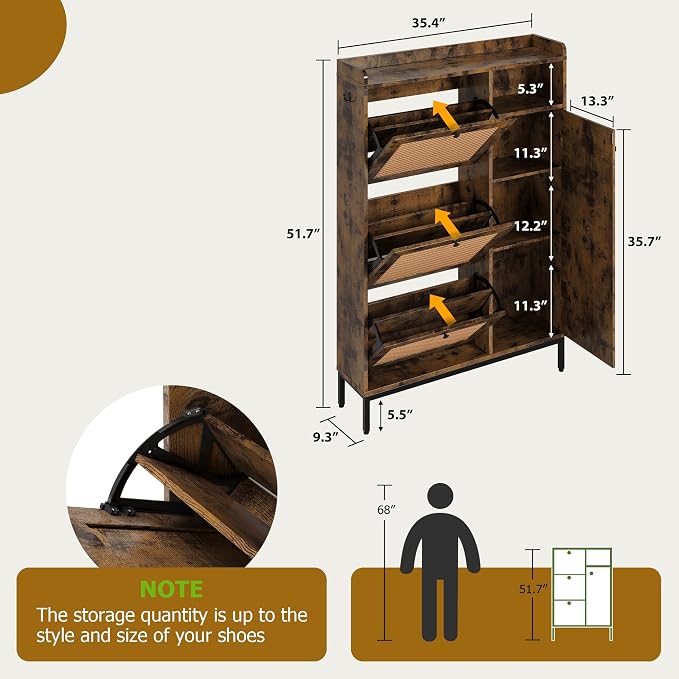 GarveeHome Shoe Cabinet Rattan with 3 Flip Drawers and 4-Tier Shoe Storage Cabinet, Freestanding Shoe Organizer with Adjustable Shelves for Entryway, Closet, Hallway (Brown) - Image 2