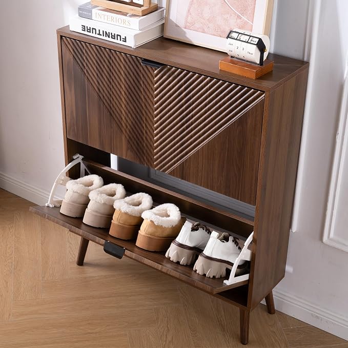 oakvivo Shoe Cabinet Storage, Farmhouse Freestanding Organizer with 2 Flip Drawers and 4 Wooden feet, Narrow Shoe Rack Cabinet for Entryway, Foyer, Hallway, Walnut - Image 7