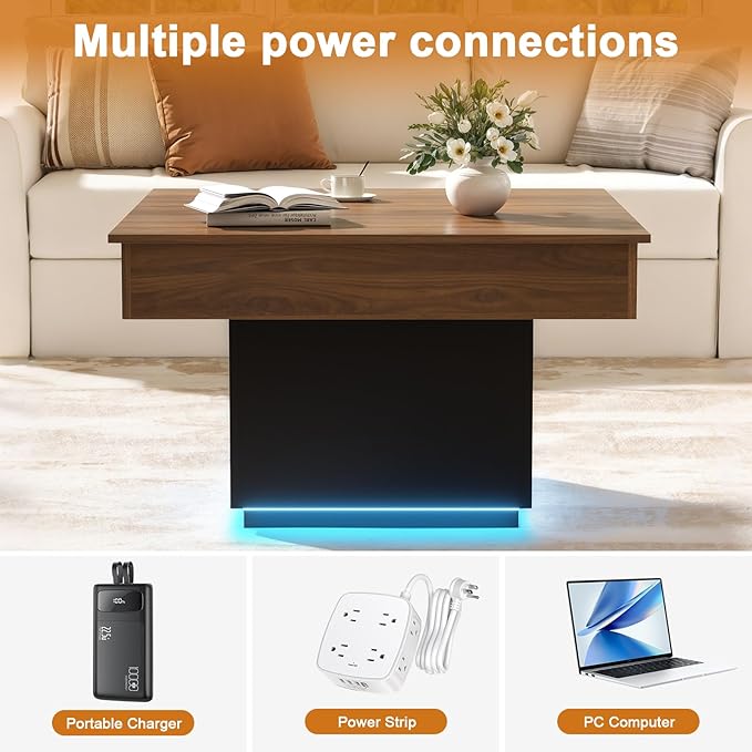 FABATO Lift Top Coffee Table with LED Light and Charging Station, 31.5 Inch Square Coffee Table with Hidden Storage, Modern Farmhouse Center Table for Living Room, Reception Dinning Room,Black