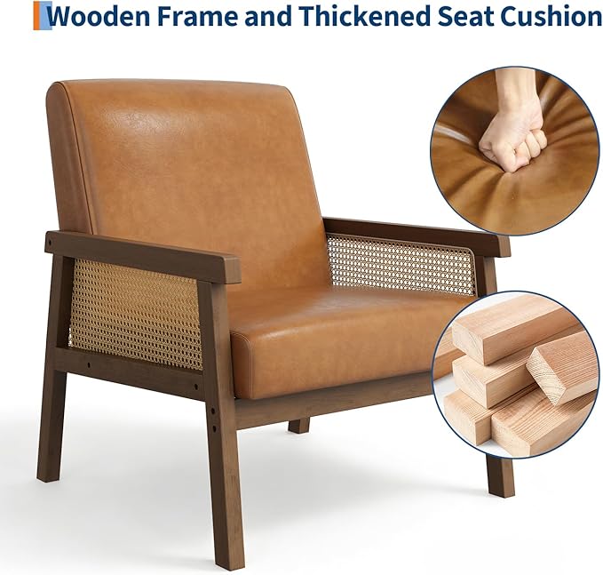 IDEALHOUSE Rattan Accent Chair, PU Leather Armchair, Upholstered Reading Chair with Wooden Frame and High Back, Leisure Chairs for Living Room Bedroom Waiting Room Reception, Brown