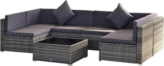 Outsunny 7-Piece Patio Furniture Sets Outdoor Wicker Conversation Sets All Weather PE Rattan Sectional Sofa Set with Cushions & Tempered Glass Desktop, Grey