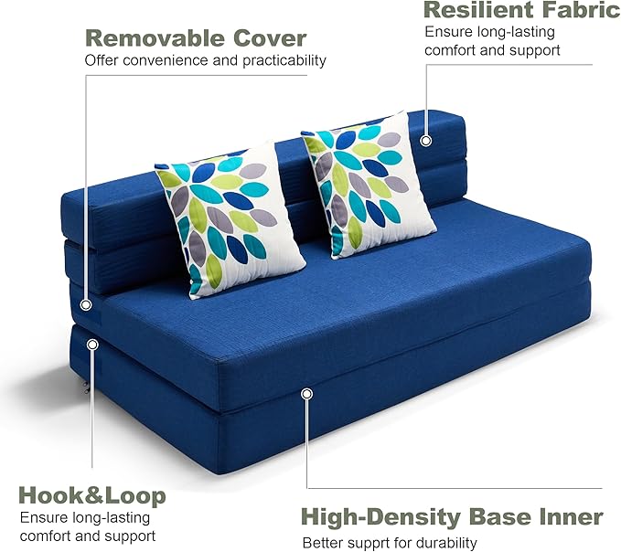 ARTPLAN Convertible Folding Sofa Bed, High-Density Memory Foam Sofa with a Fluffy Pillow, Modern Futon Floor Couch Guest Twin Bed for Living Room/Dorm/Guest Use/Home Office/Apartment,Dark Blue