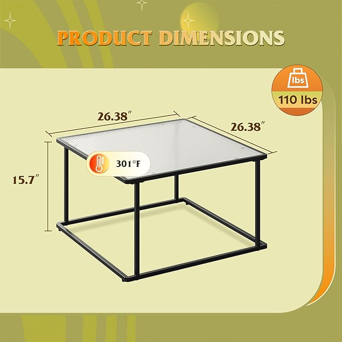 WLIVE Glass Coffee Table, Small Modern Coffee Table for Living Room with Wave Textured Glass & Metal Frame, Square Center Table for Small Spaces Apartment, Office, 26.4 x 26.4in, Dark Black