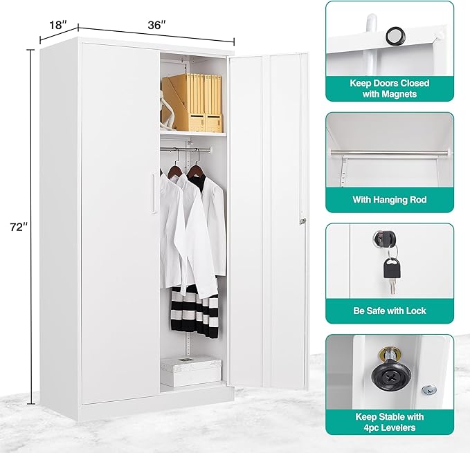 White Wardrobe Cabinet with Lock and Hanging Rod,72" Armoire Closet with Shelf,Lockable Storage Locker,Metal Storage Cabinet with Locking Doors,Steel Wardrobe for Home,Bedroom,Office,Employee,Shop