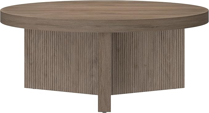 Henn&Hart 36" Fluted Round Low-Profile Coffee Table with Ribbed Pedestal Base for Living Room, Family Room, or Office, Weathered Gray