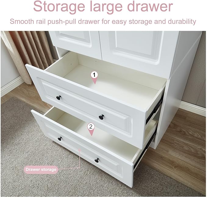 Wood Armoire Wardrobe Closet White Large Storage Clothes Cabinet Tall with 2 Doors, Wardrobe Cabinet with 2 Drawers, Armoires and Wardrobes with Hanging Rod and Shelves for Bedroom