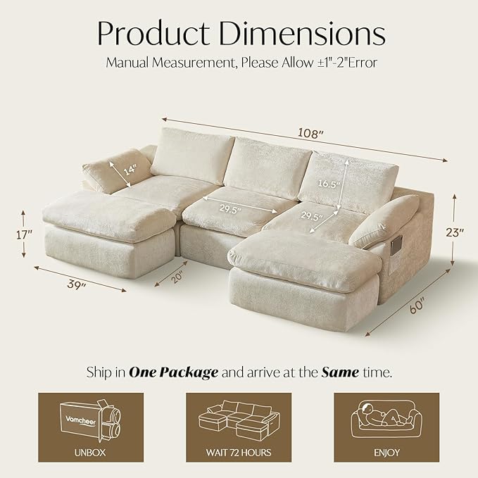 Vamcheer U Shaped Cloud Couch - Utra Soft Modular Sectional Sofa with 2 Movable Ottoman, Deep Seat Boneless Couches for Living Room, Bedroom, Office, No Assembly Required, Beige